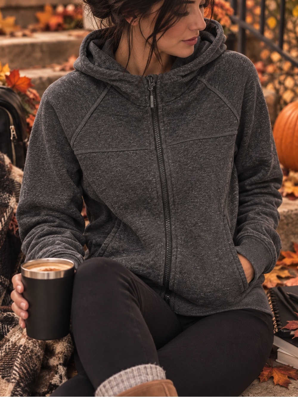 Lolë | Dark Heather Gray | Fleece Full-Zip Hooded Sweatshirt | Size Small